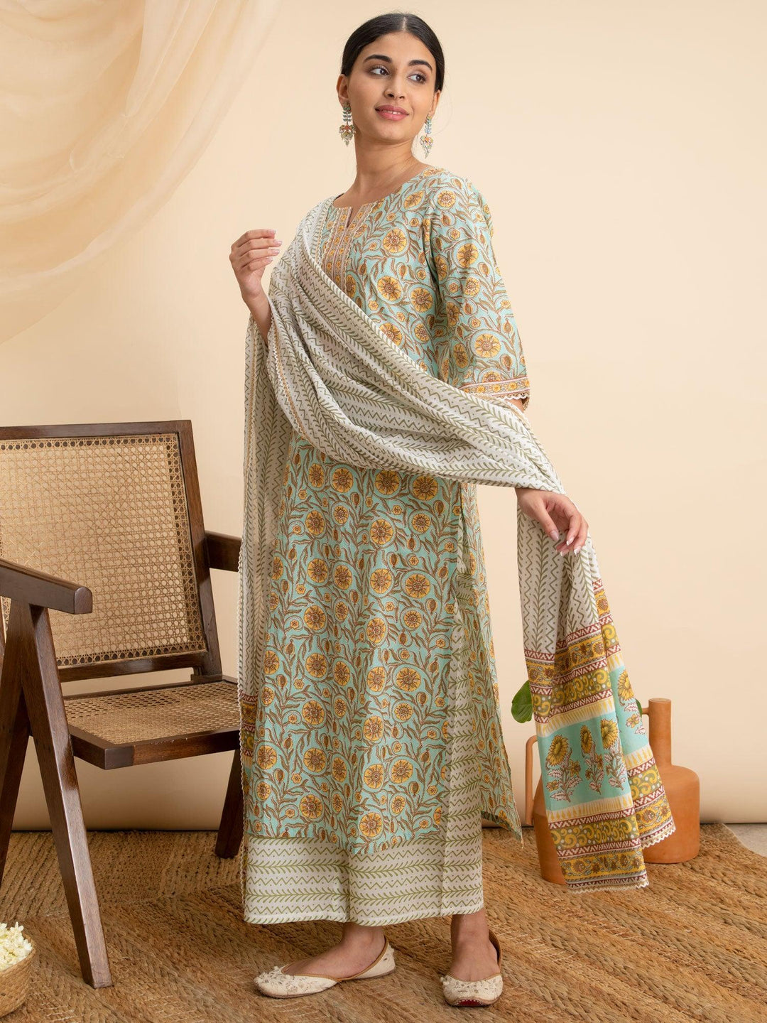 Green Printed Cotton Suit Set - ShopLibas