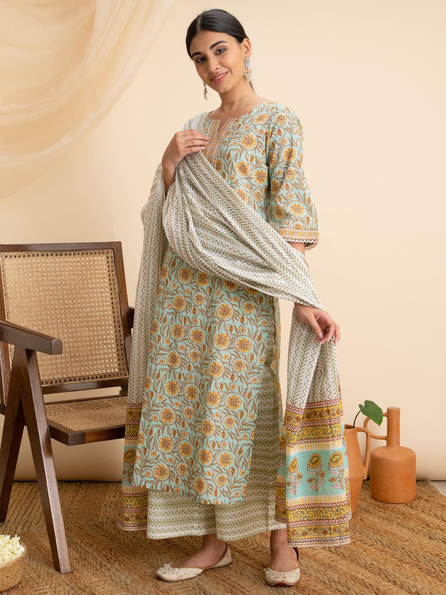 Green Printed Cotton Suit Set