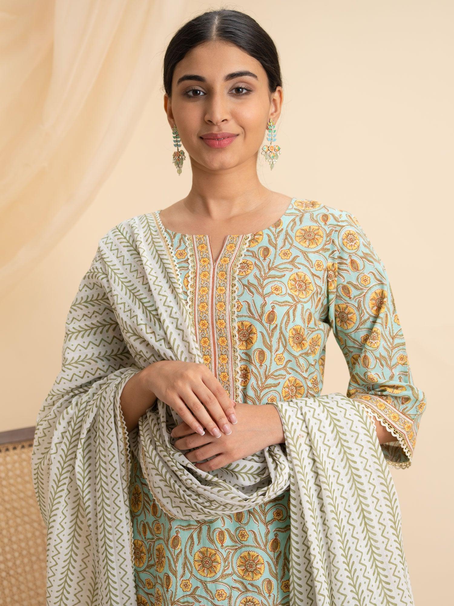 Green Printed Cotton Suit Set