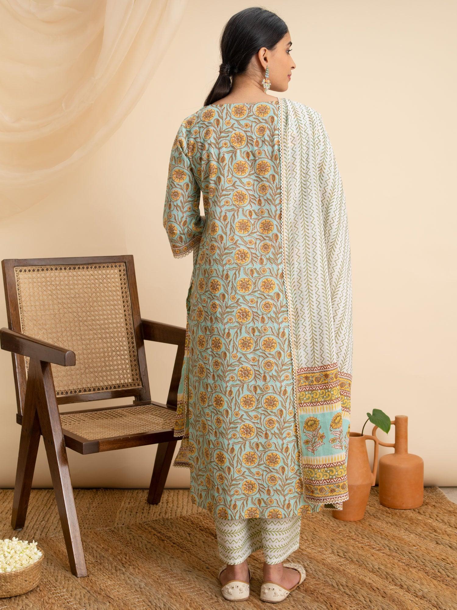 Green Printed Cotton Suit Set