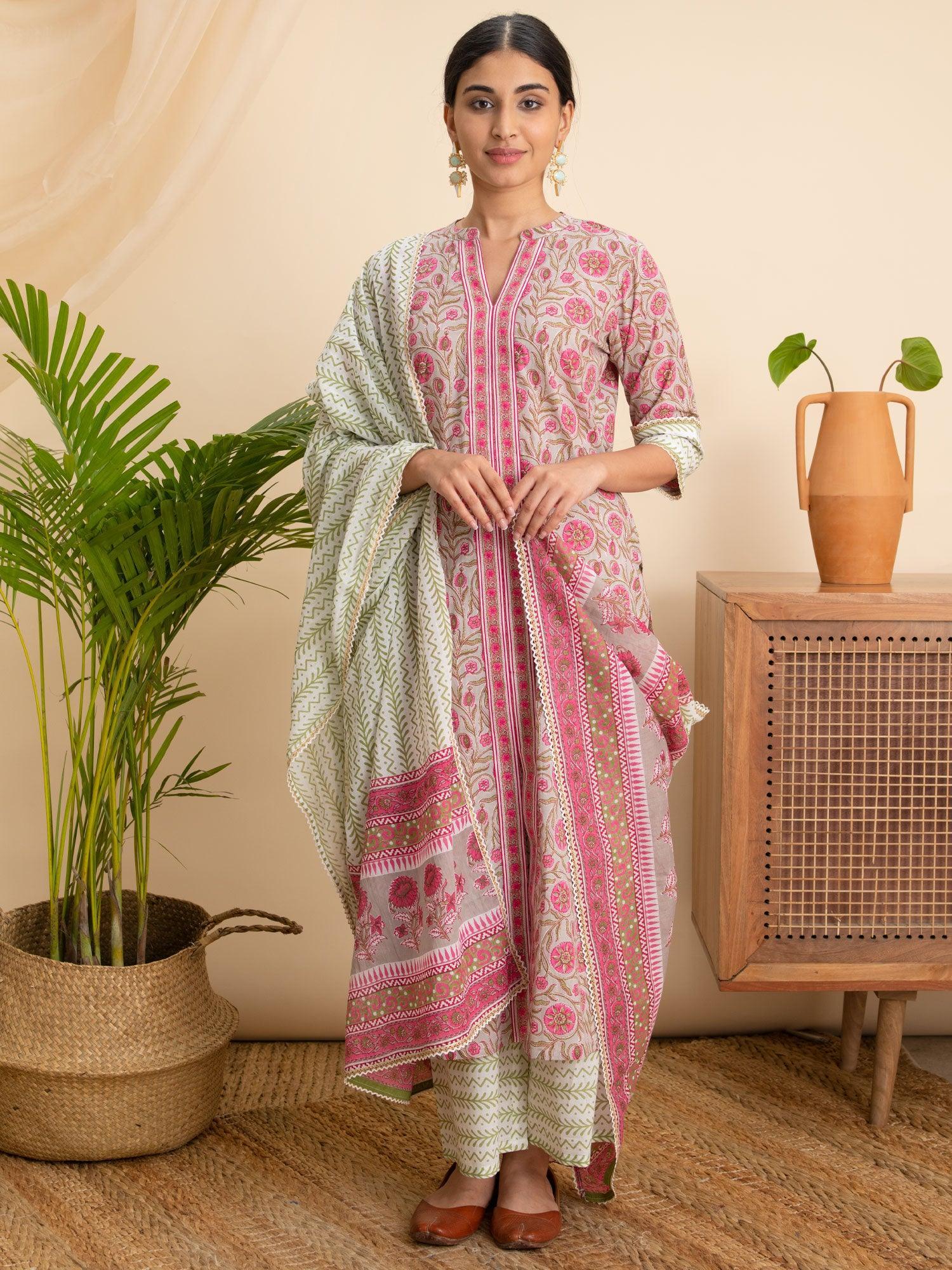 Pink Printed Cotton Suit Set