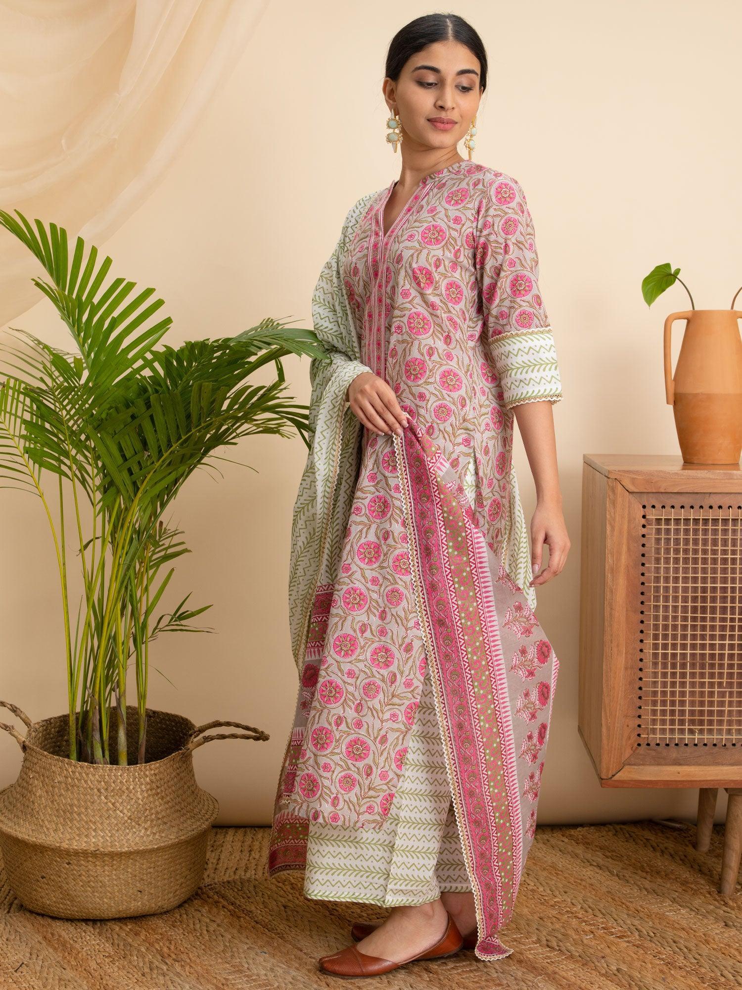 Pink Printed Cotton Suit Set