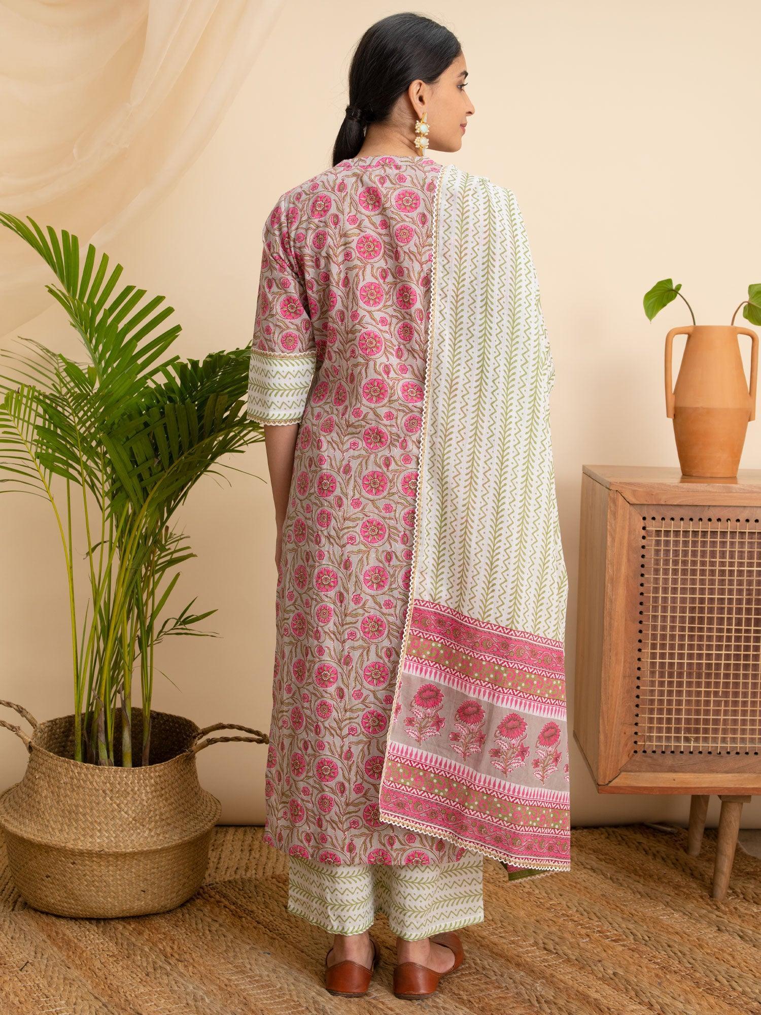 Pink Printed Cotton Suit Set