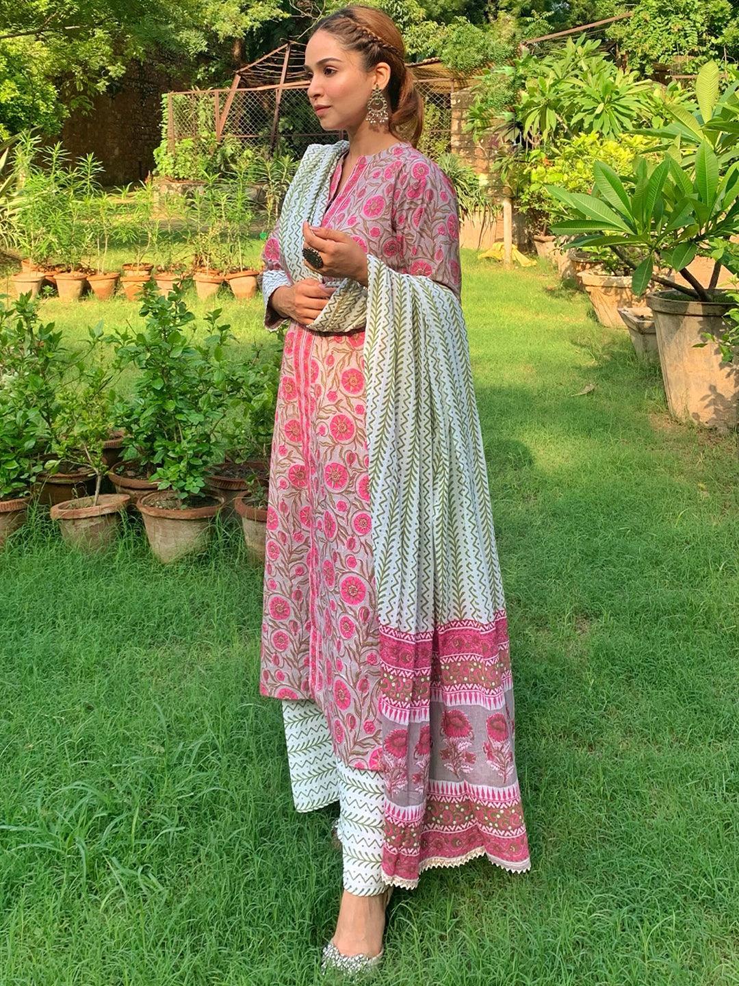 Pink Printed Cotton Suit Set