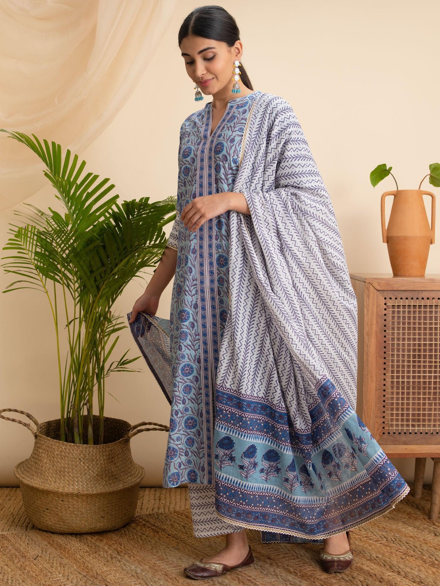 Blue Printed Cotton Suit Set