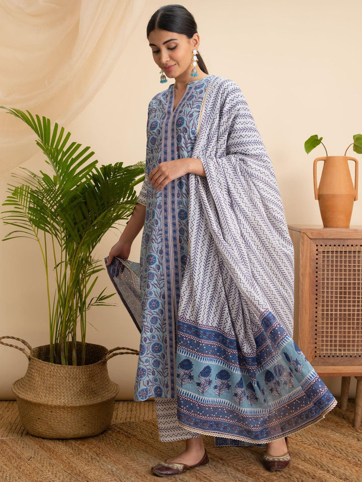 Blue Printed Cotton Suit Set - ShopLibas