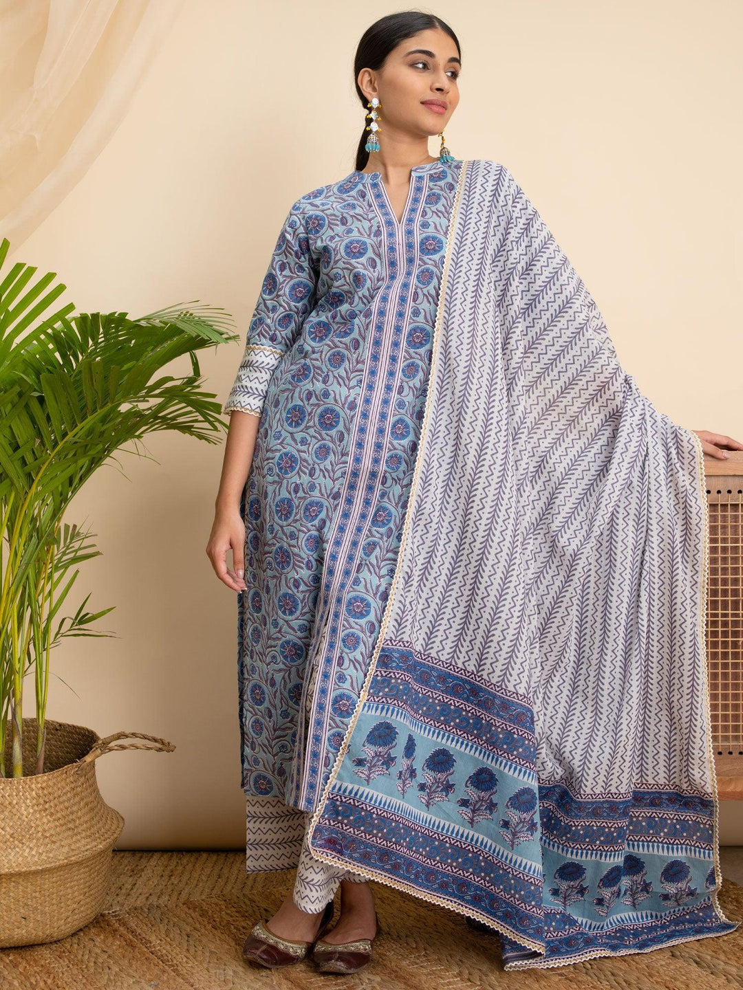 Blue Printed Cotton Suit Set - ShopLibas