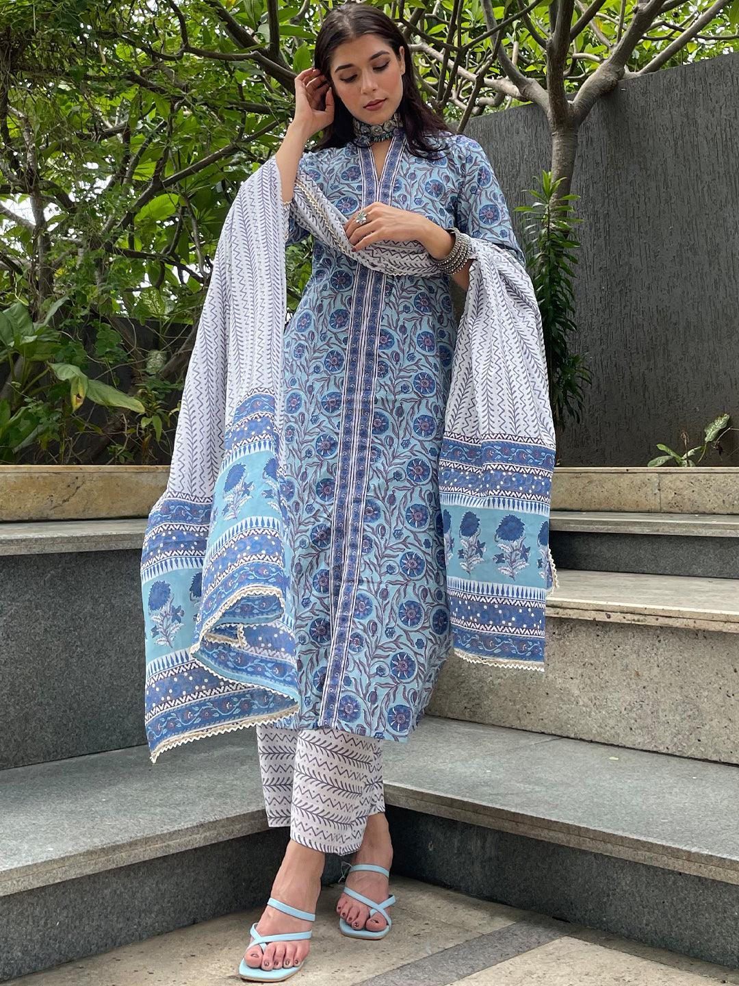 Blue Printed Cotton Suit Set - ShopLibas