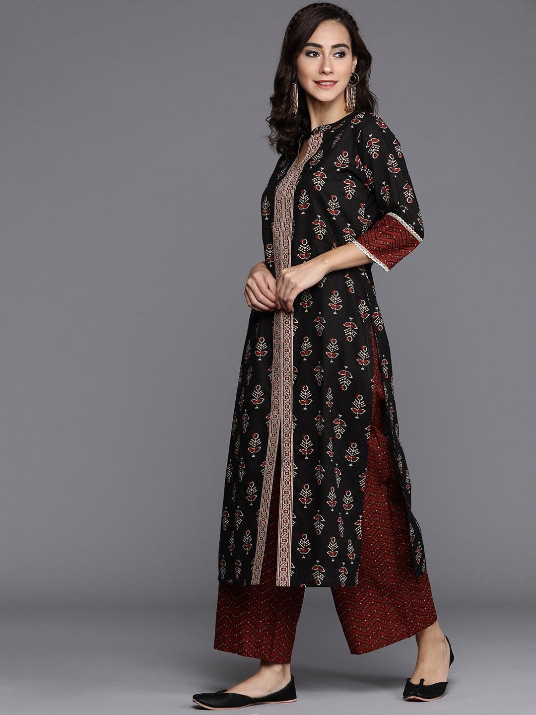 Black Printed Cotton Suit Set