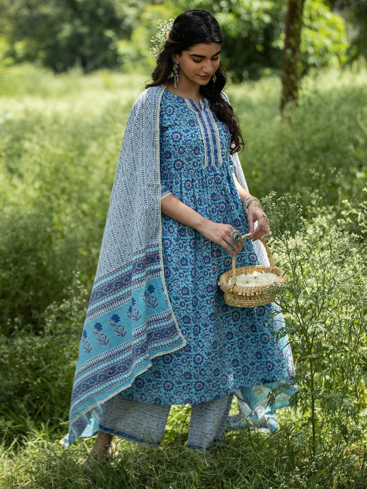 Blue Printed Cotton Suit Set - ShopLibas