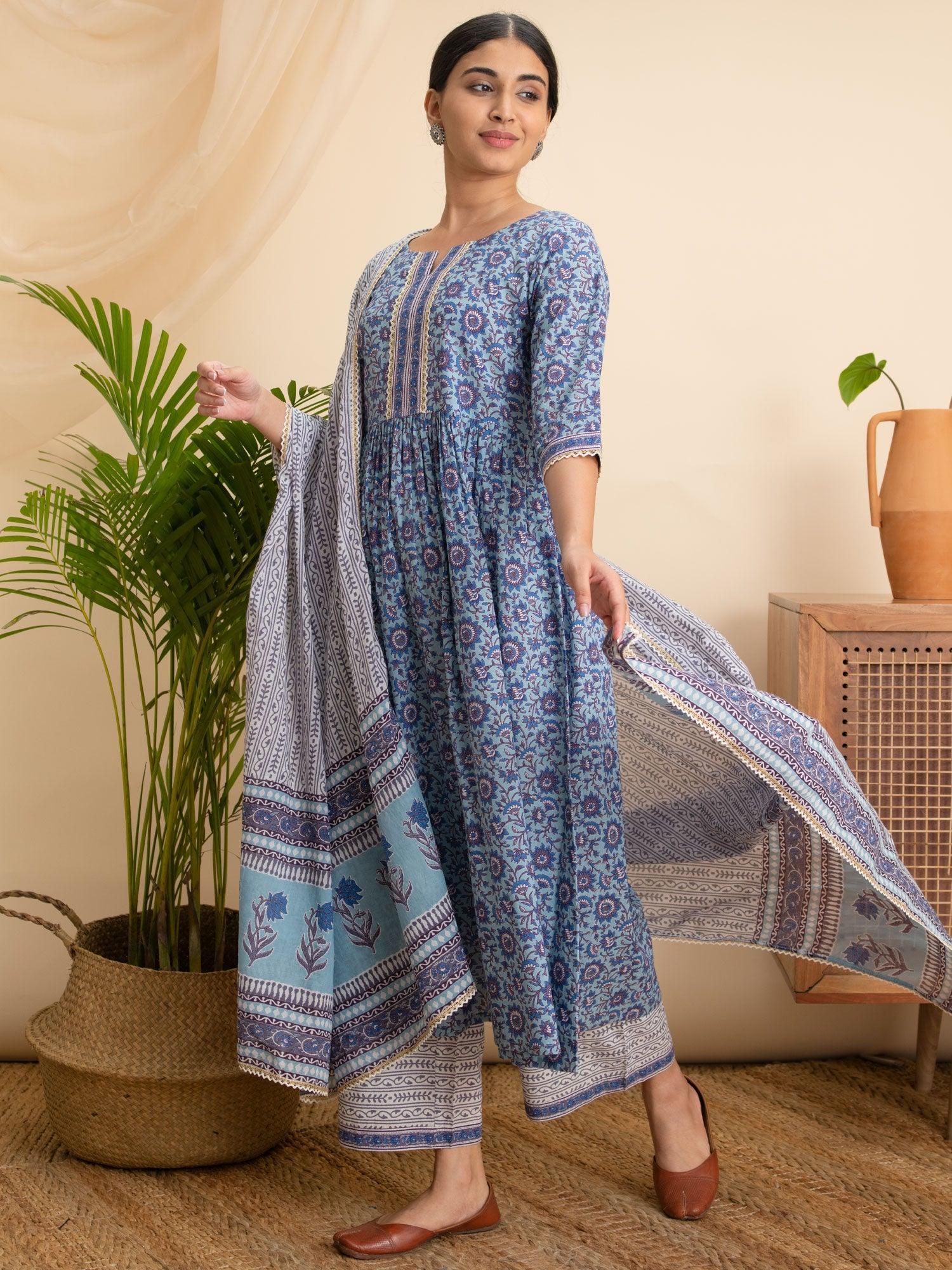 Blue Printed Cotton Suit Set