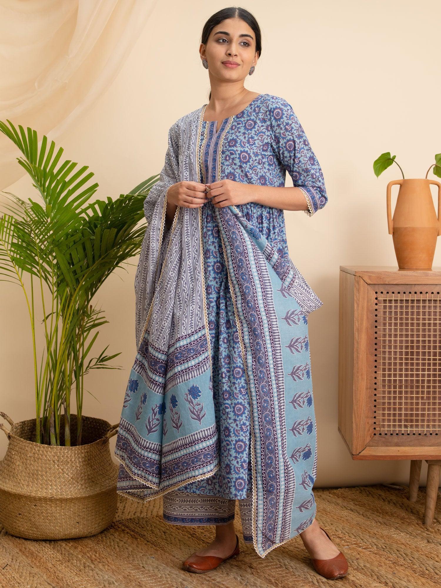 Blue Printed Cotton Suit Set