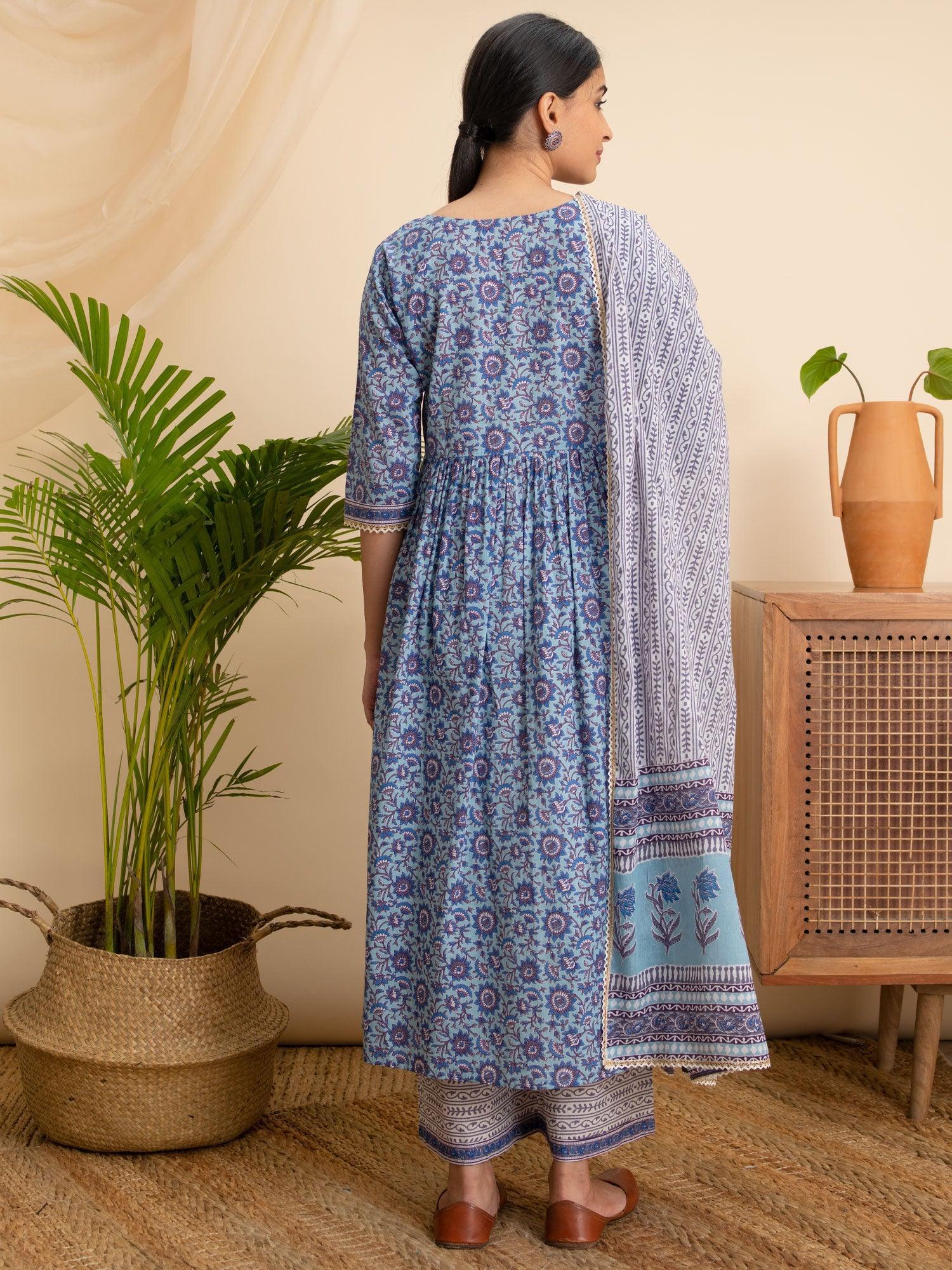 Blue Printed Cotton Suit Set