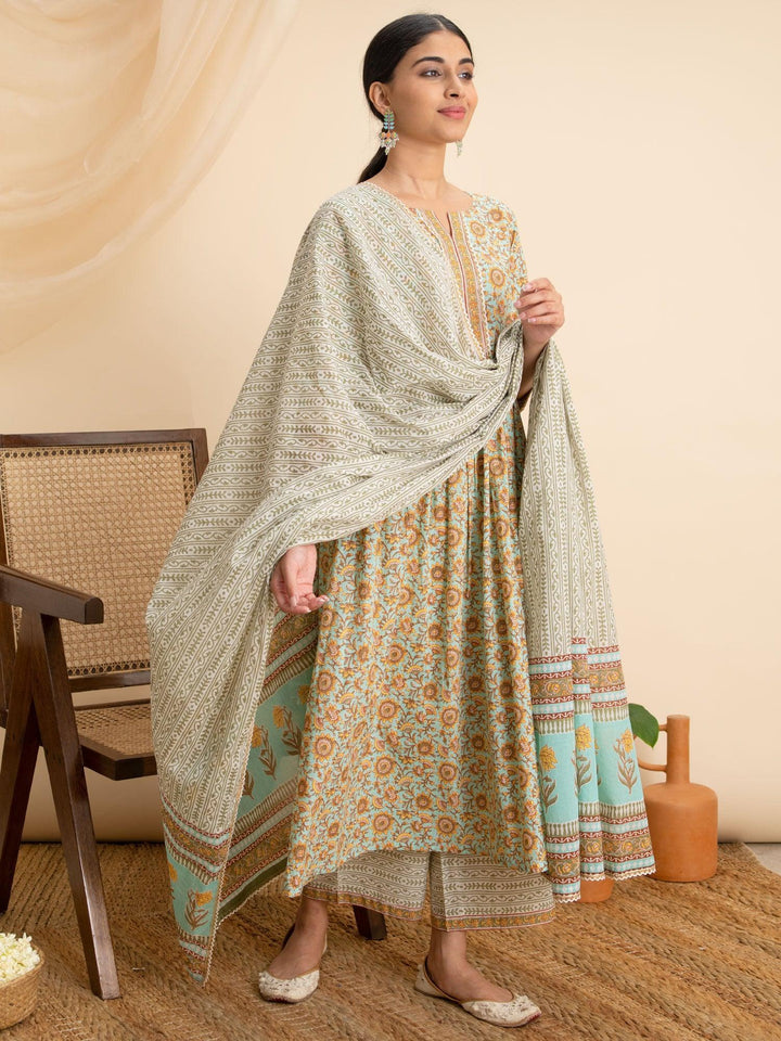 Green Printed Cotton Suit Set - ShopLibas