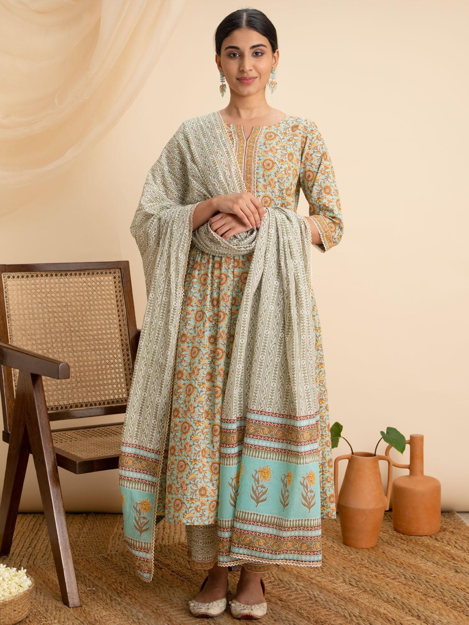 Green Printed Cotton Suit Set