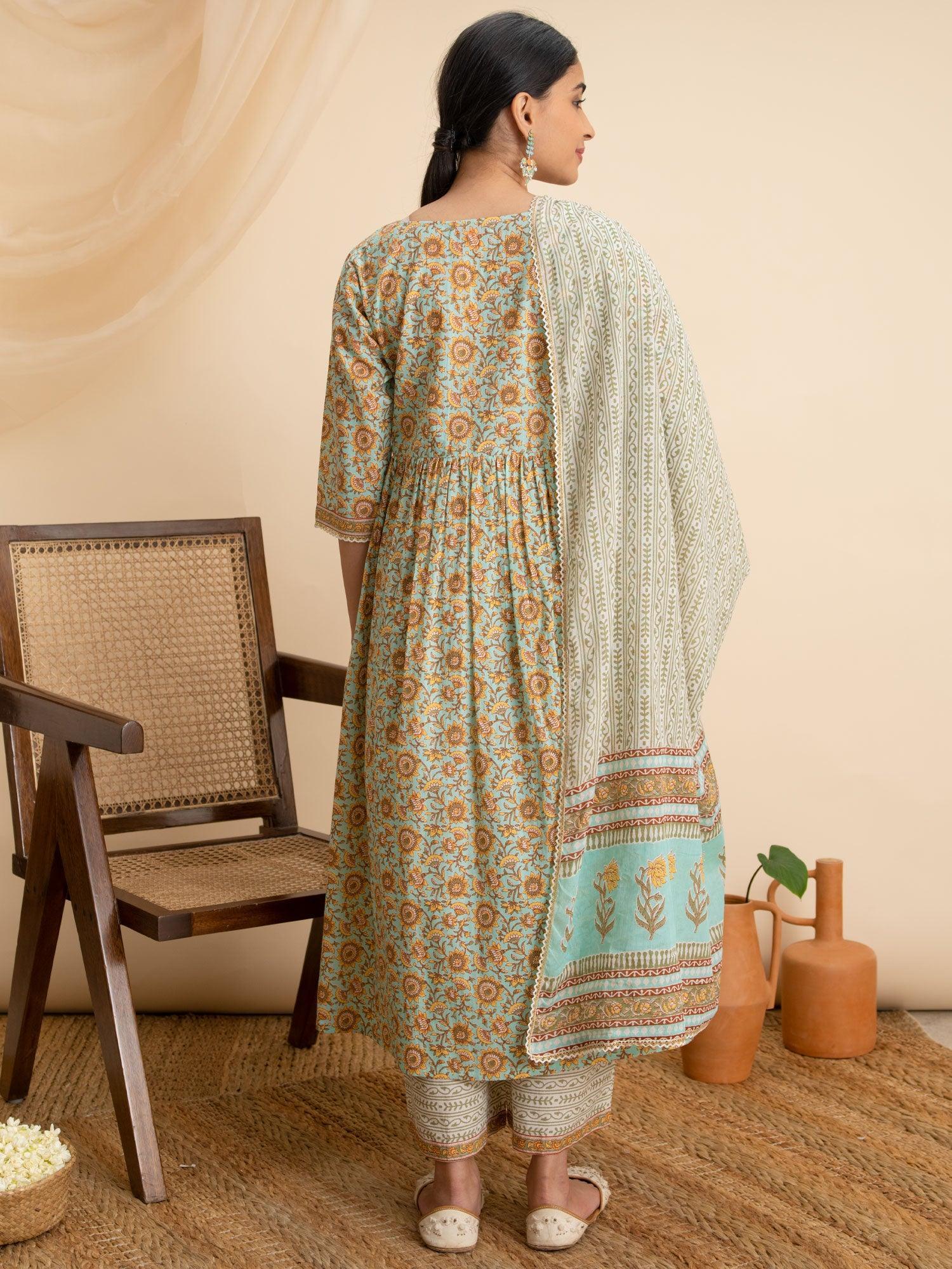 Green Printed Cotton Suit Set