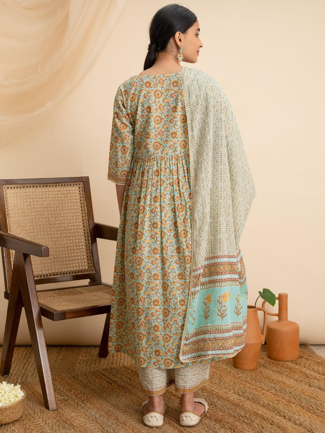 Green Printed Cotton Suit Set - ShopLibas