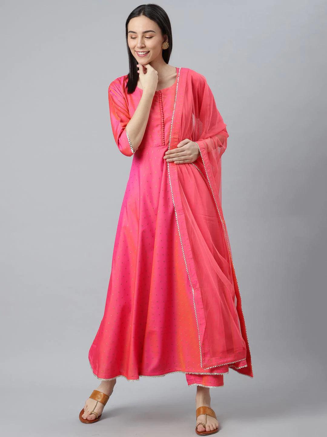 Pink Self Design Chanderi Silk Suit Set