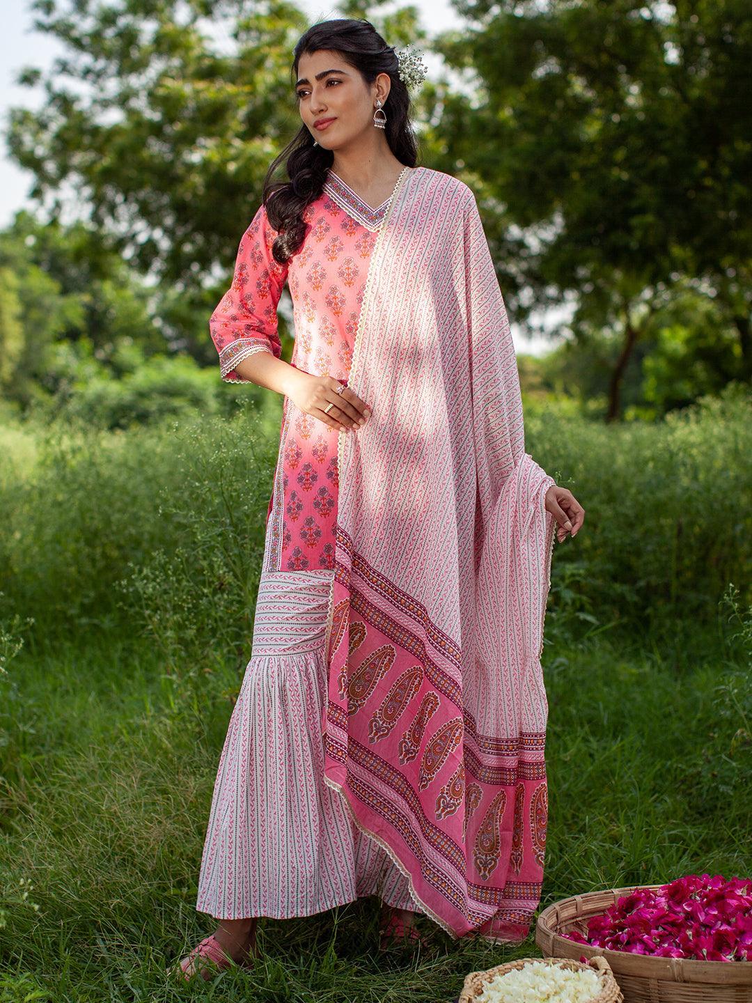 Pink Printed Cotton Suit Set