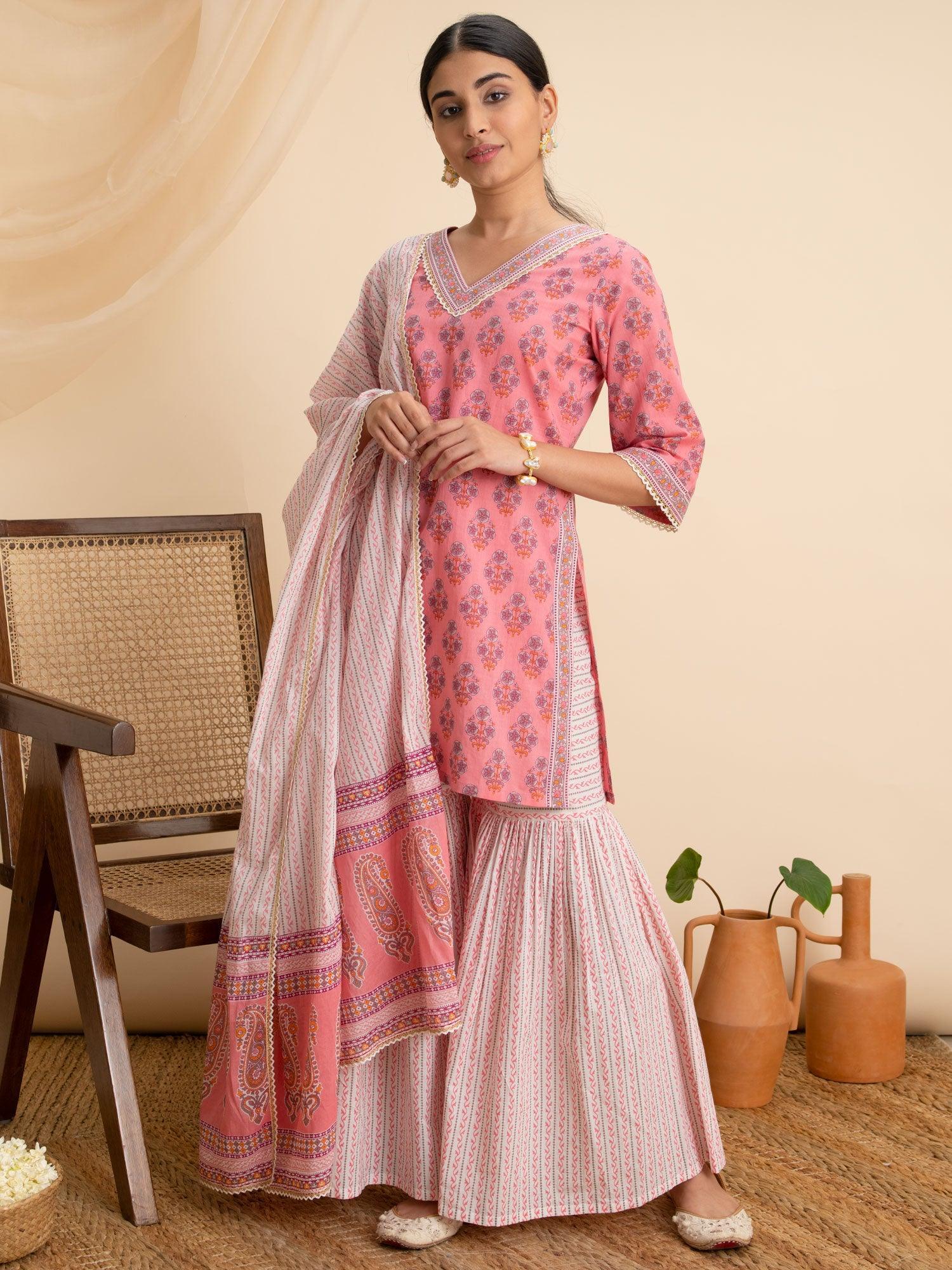 Pink Printed Cotton Suit Set