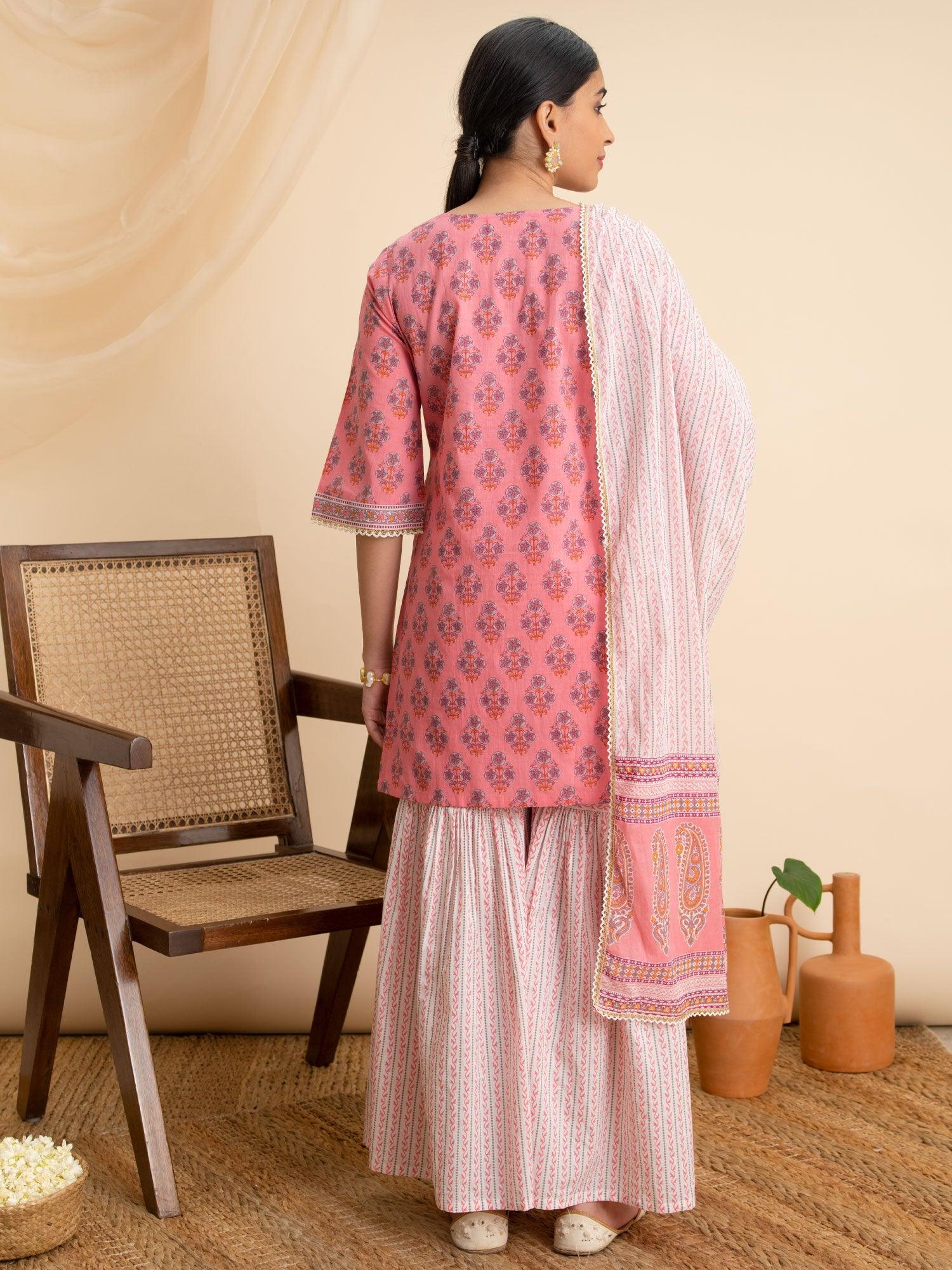 Pink Printed Cotton Suit Set