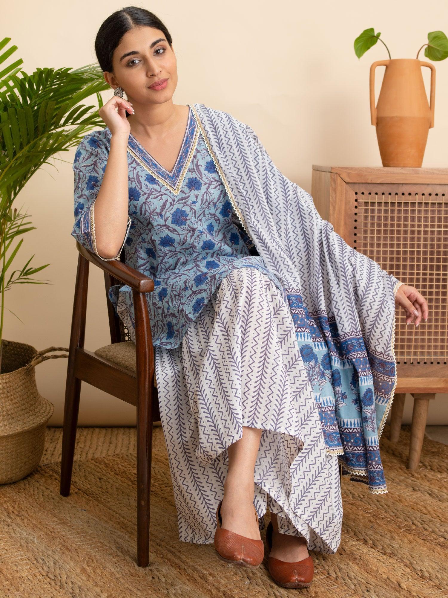 Blue Printed Cotton Suit Set