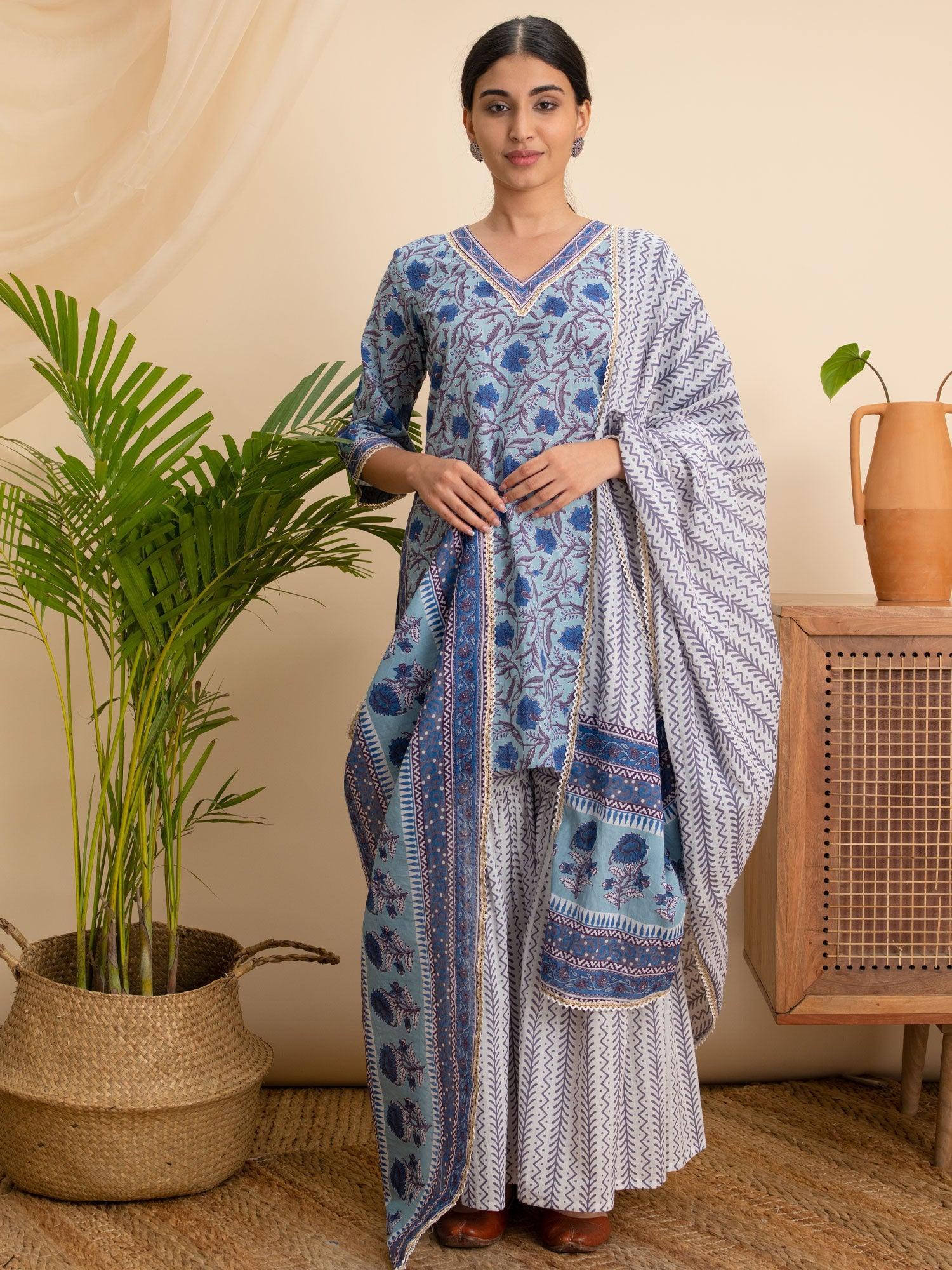 Blue Printed Cotton Suit Set