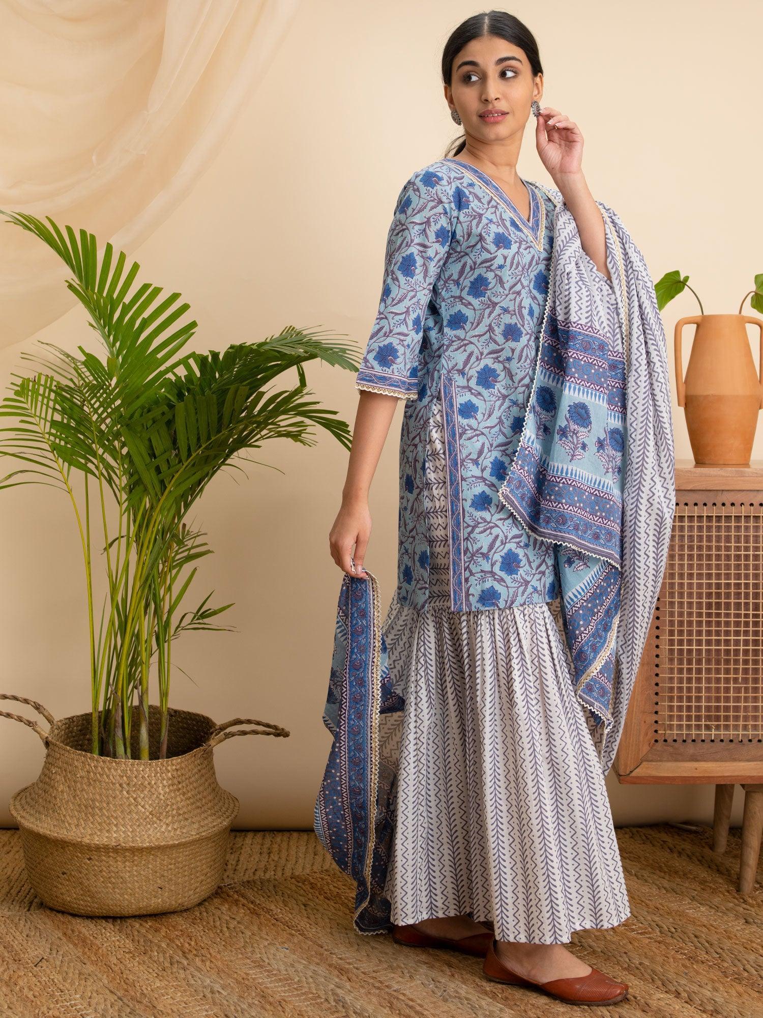 Blue Printed Cotton Suit Set