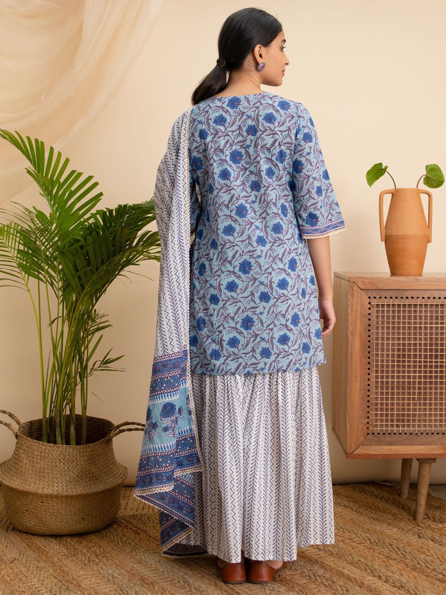 Blue Printed Cotton Suit Set