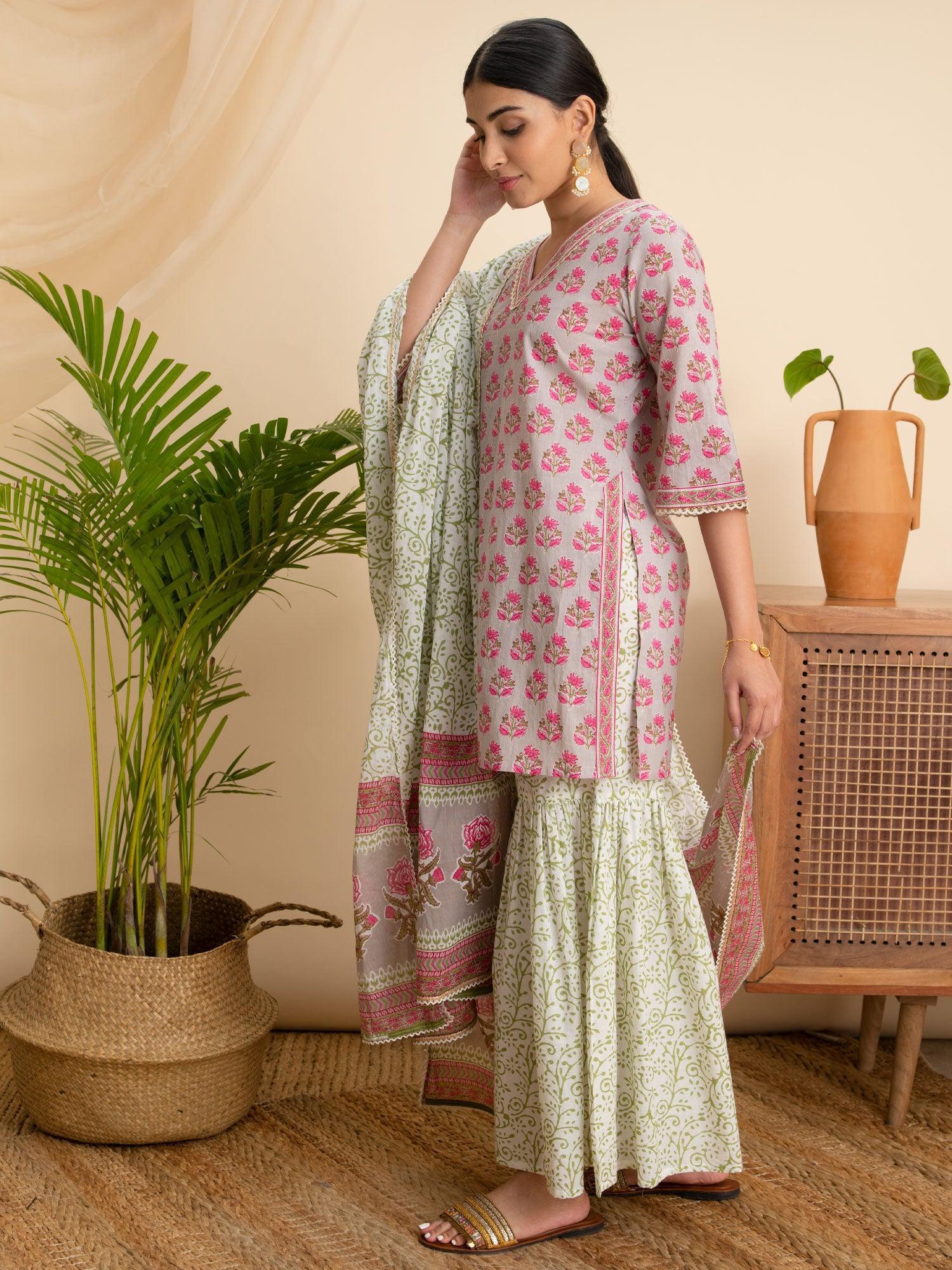 Grey Printed Cotton Suit Set