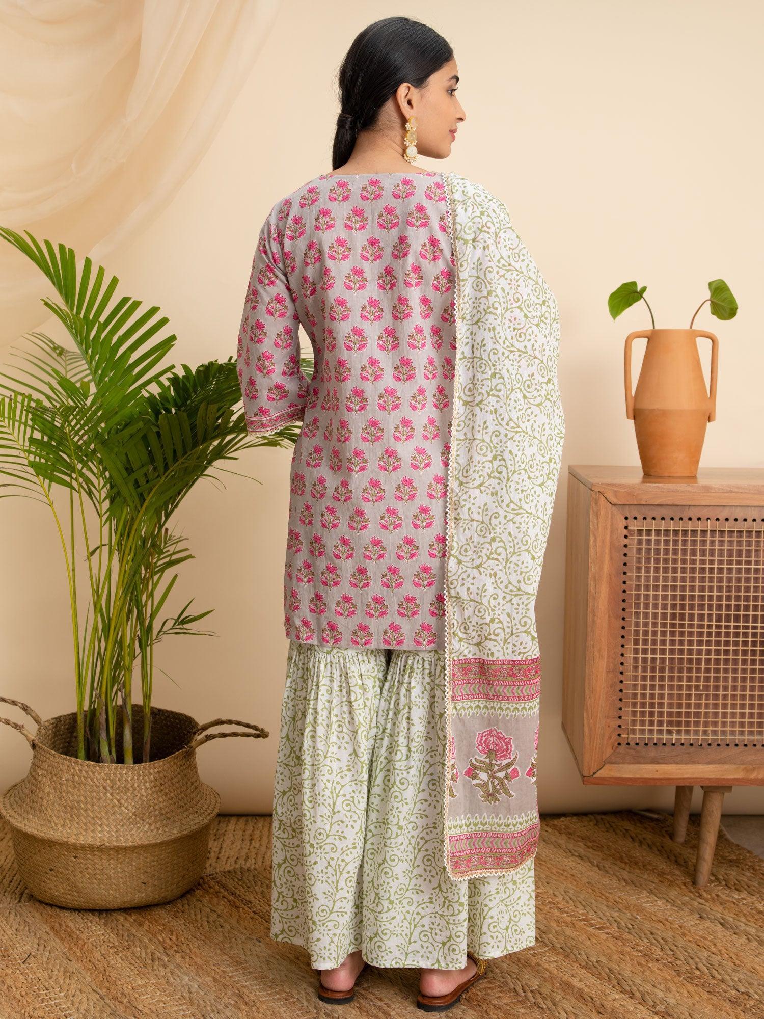 Grey Printed Cotton Suit Set