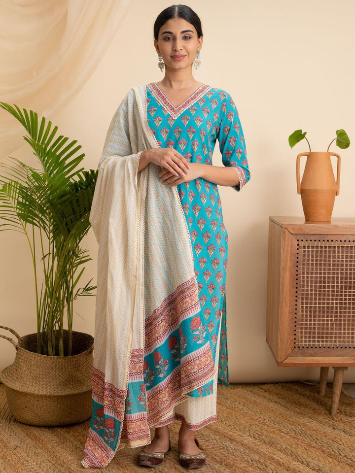 Blue Printed Cotton Suit Set - ShopLibas