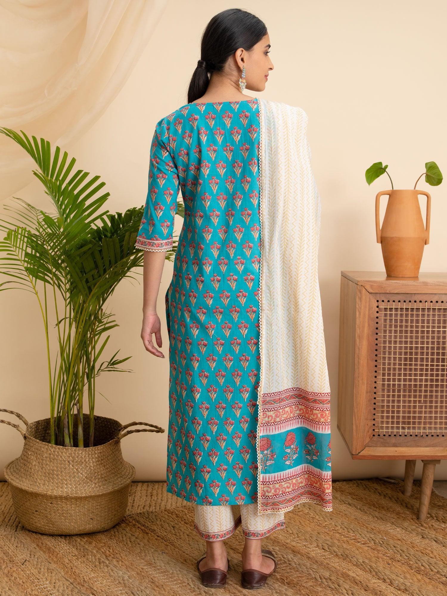 Blue Printed Cotton Suit Set