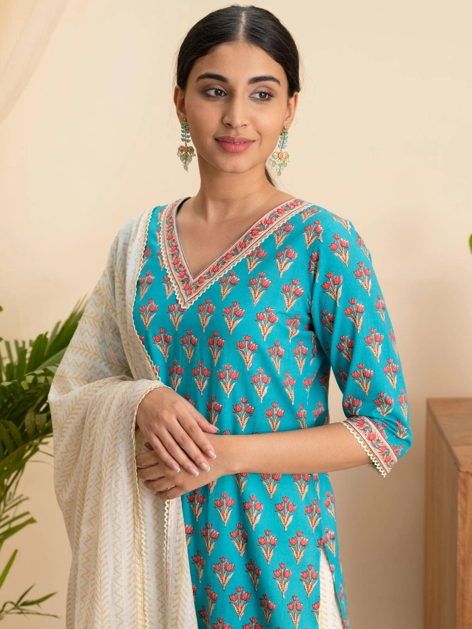 Blue Printed Cotton Suit Set