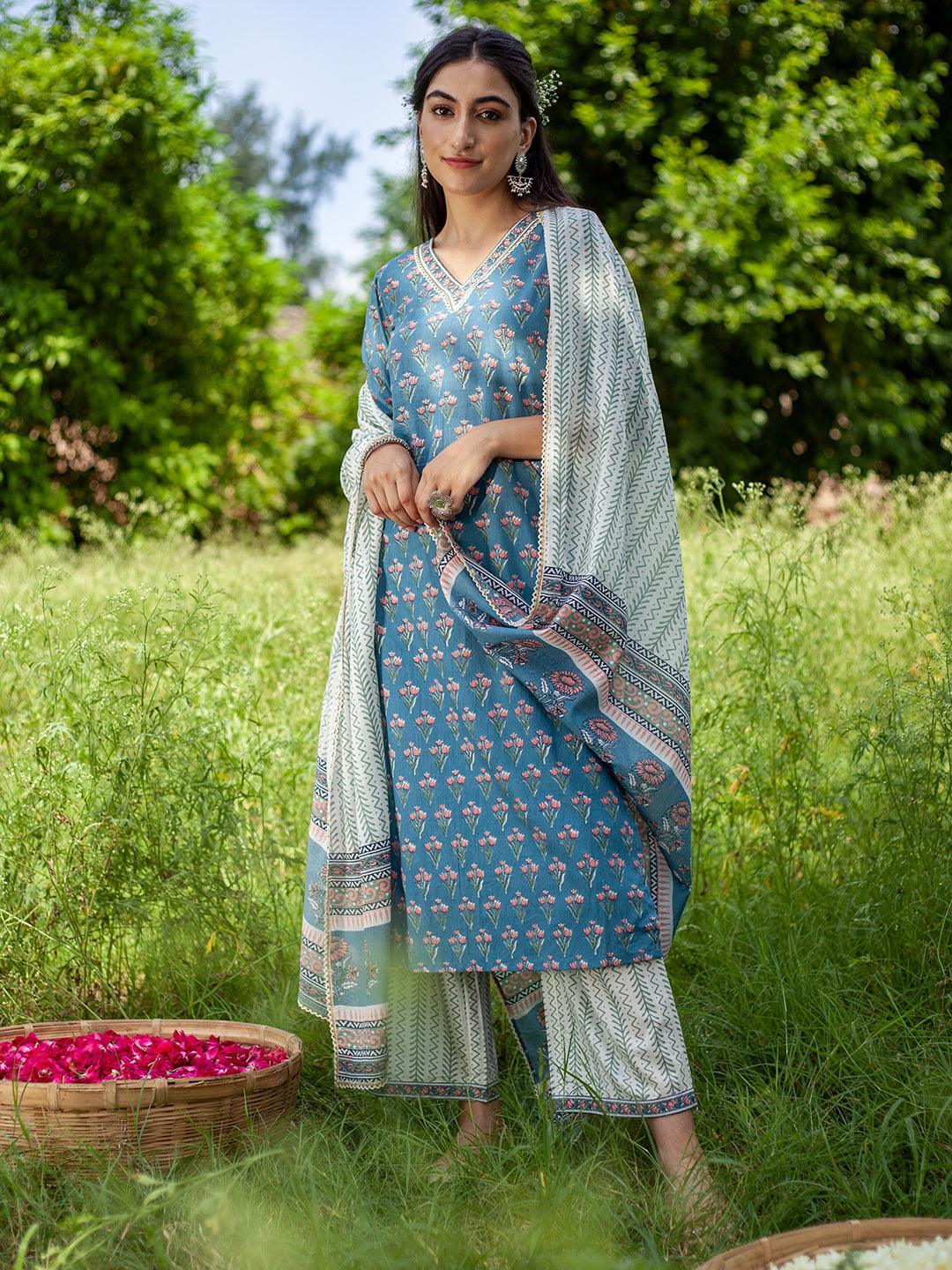 Blue Printed Cotton Suit Set