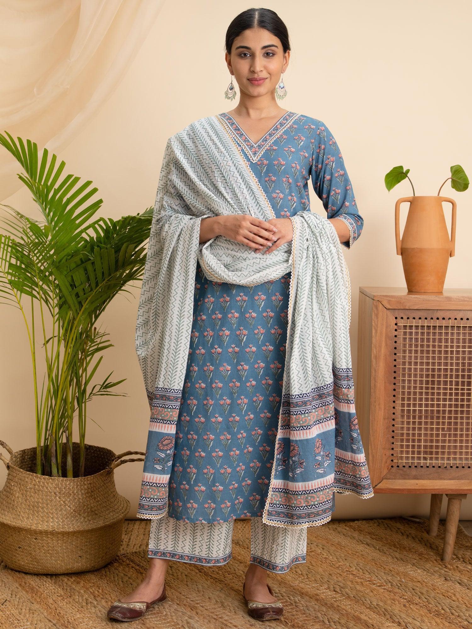 Blue Printed Cotton Suit Set