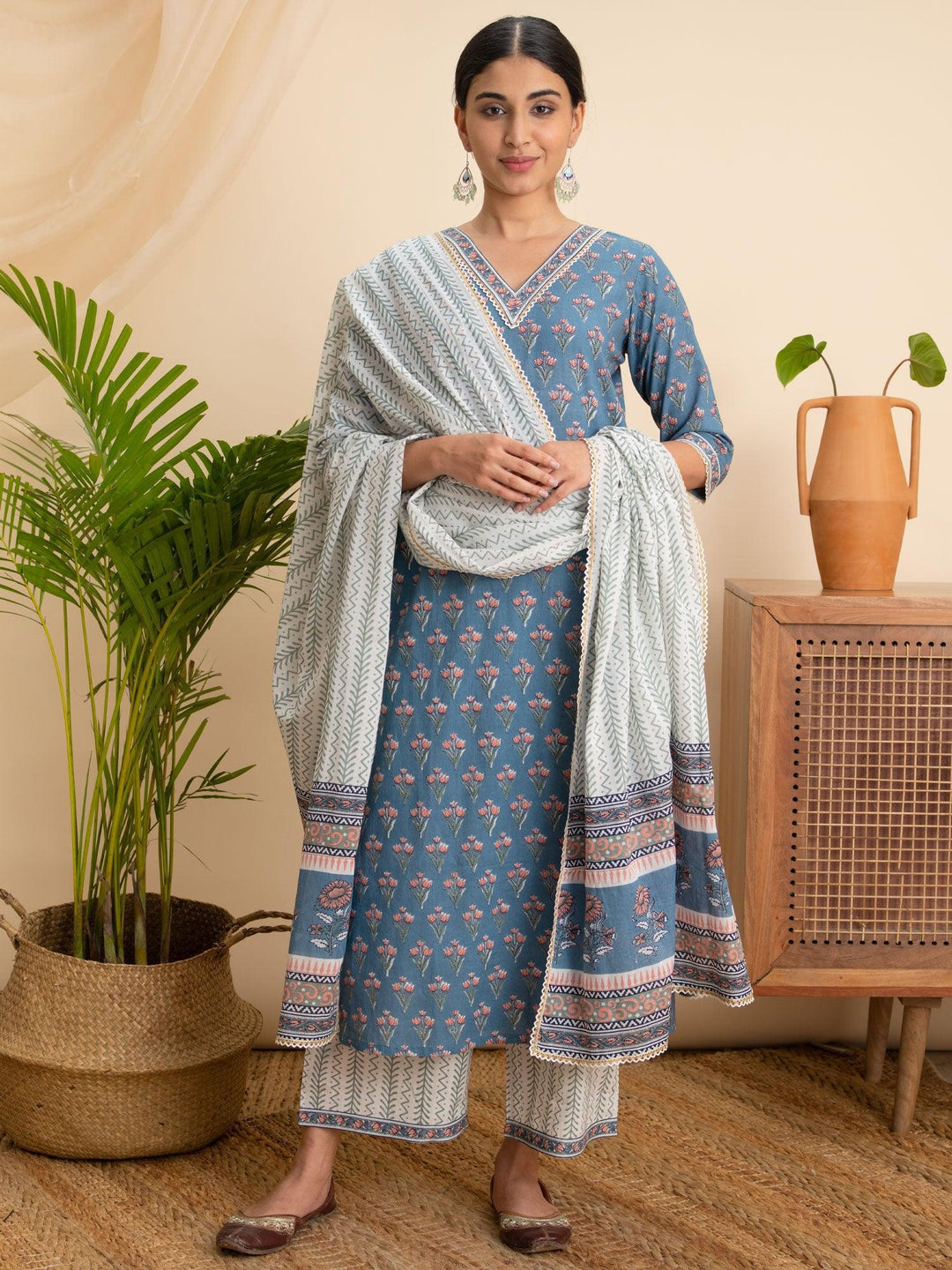 Blue Printed Cotton Suit Set - ShopLibas