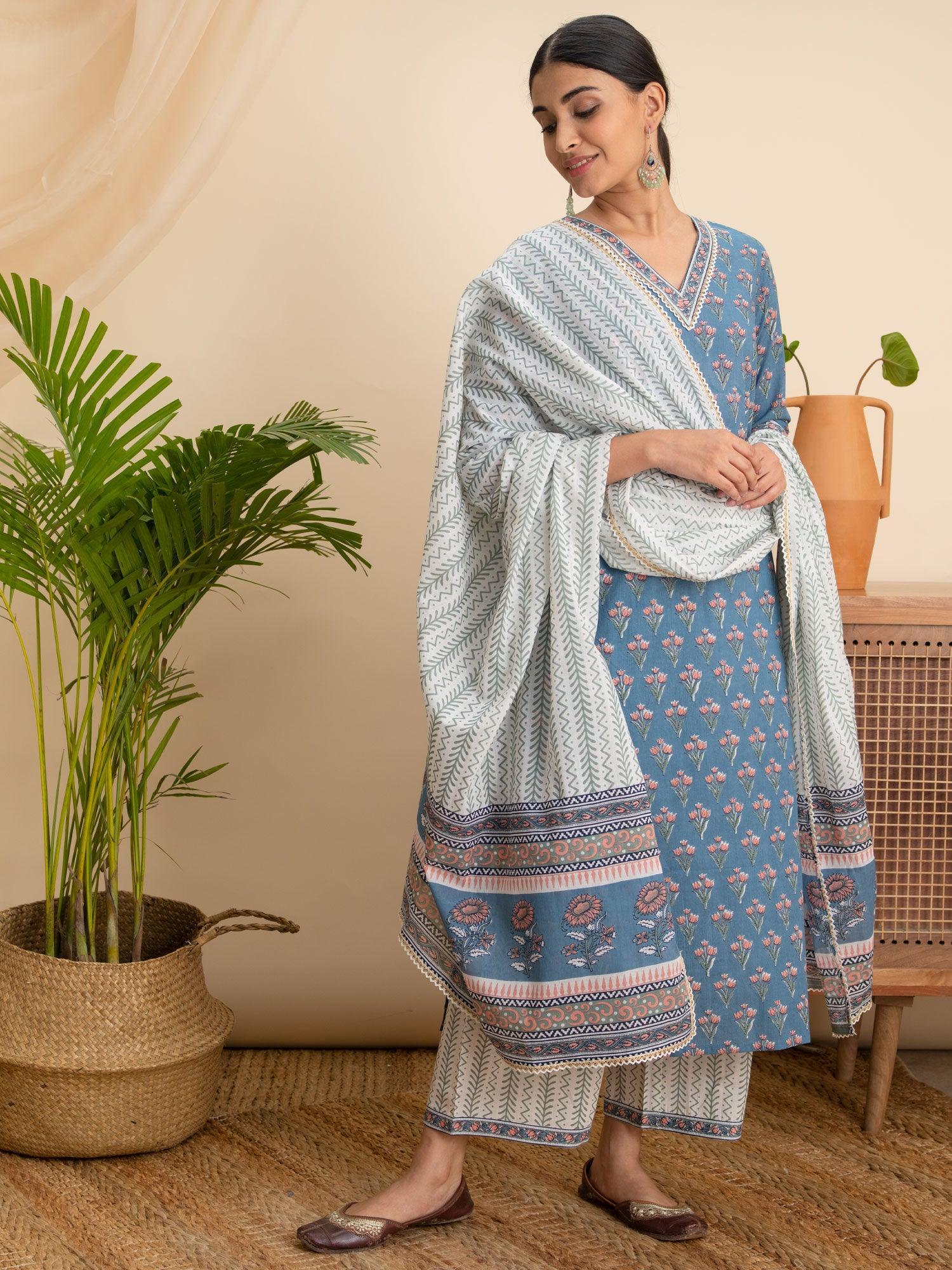 Blue Printed Cotton Suit Set