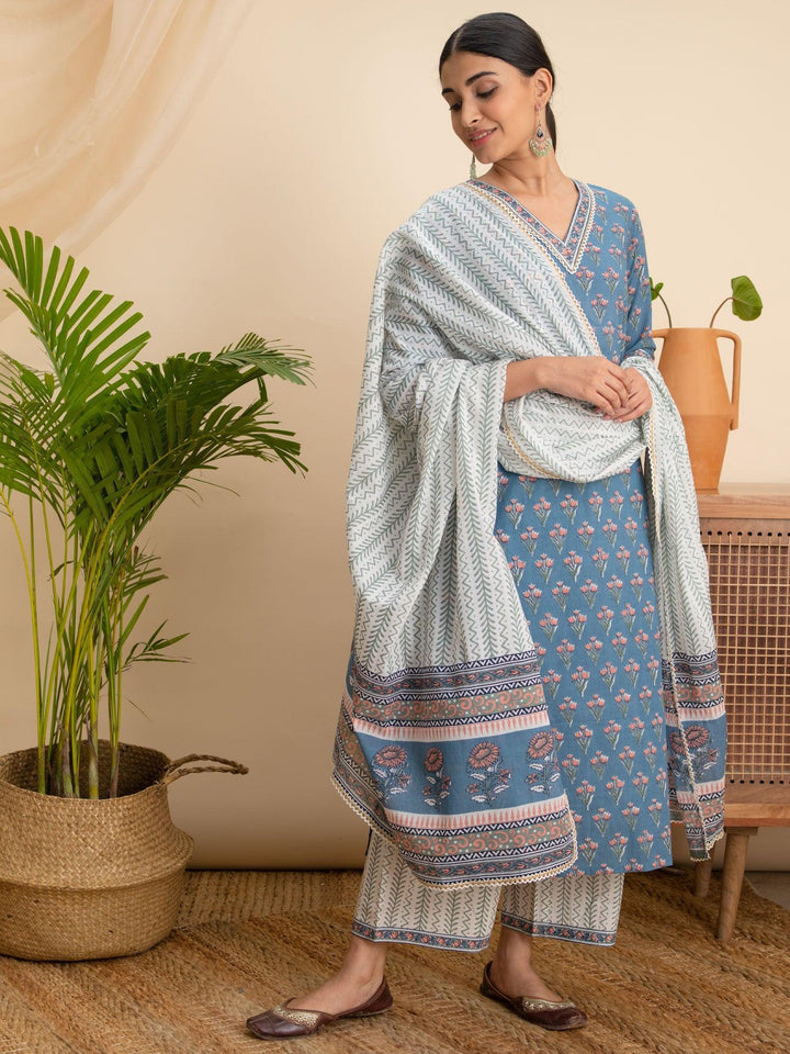 Blue Printed Cotton Suit Set - ShopLibas