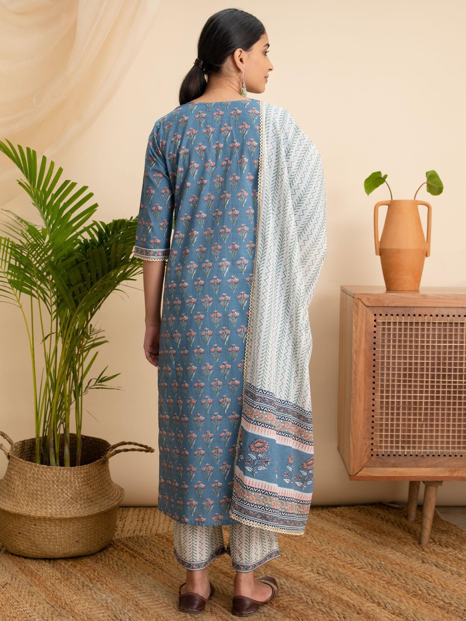 Blue Printed Cotton Suit Set