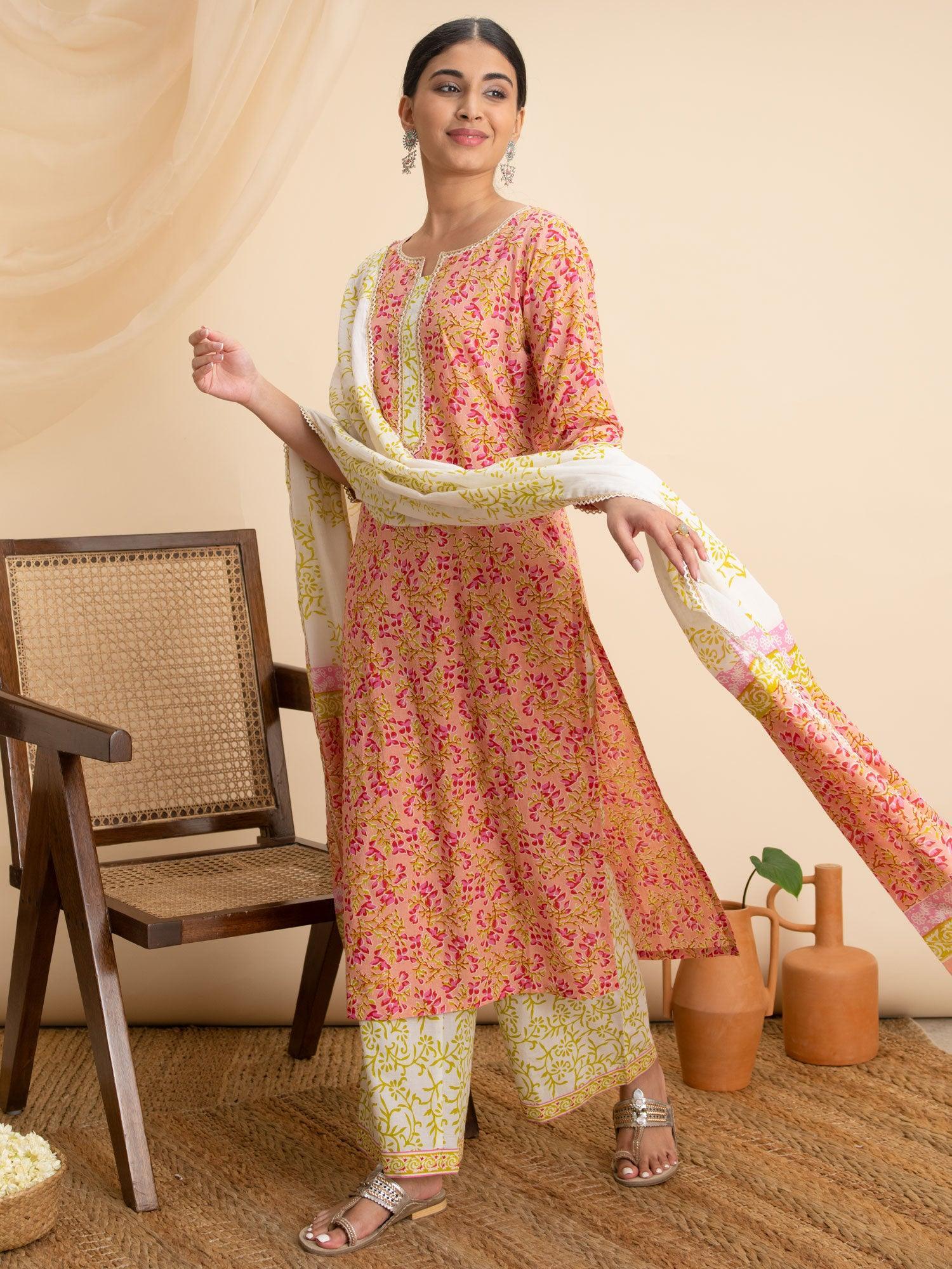 Pink Printed Cotton Suit Set