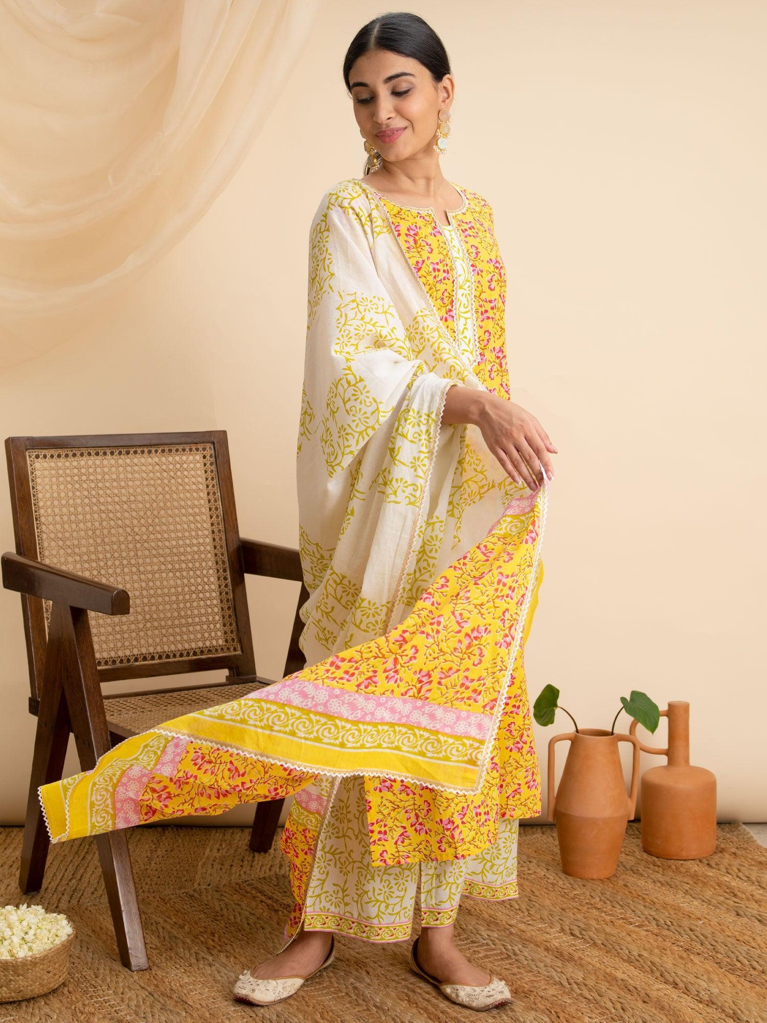 Yellow Printed Cotton Suit Set