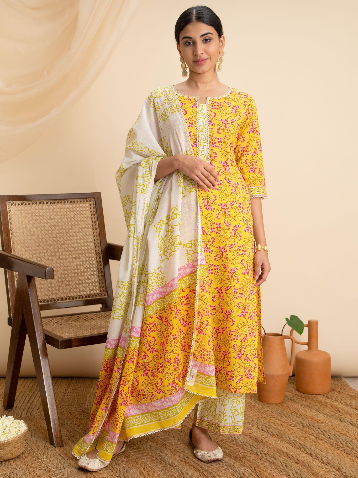 Yellow Printed Cotton Suit Set