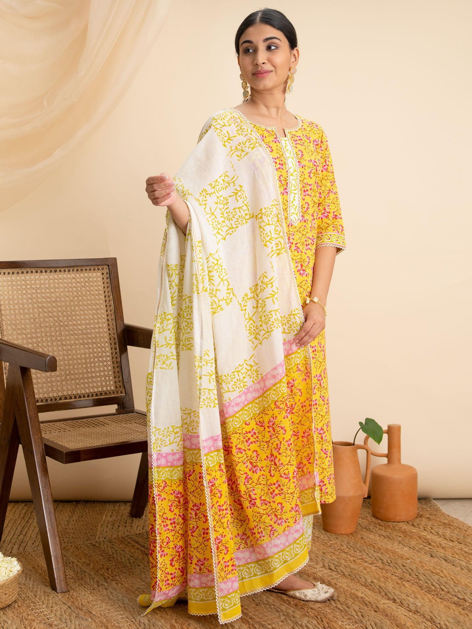 Yellow Printed Cotton Suit Set