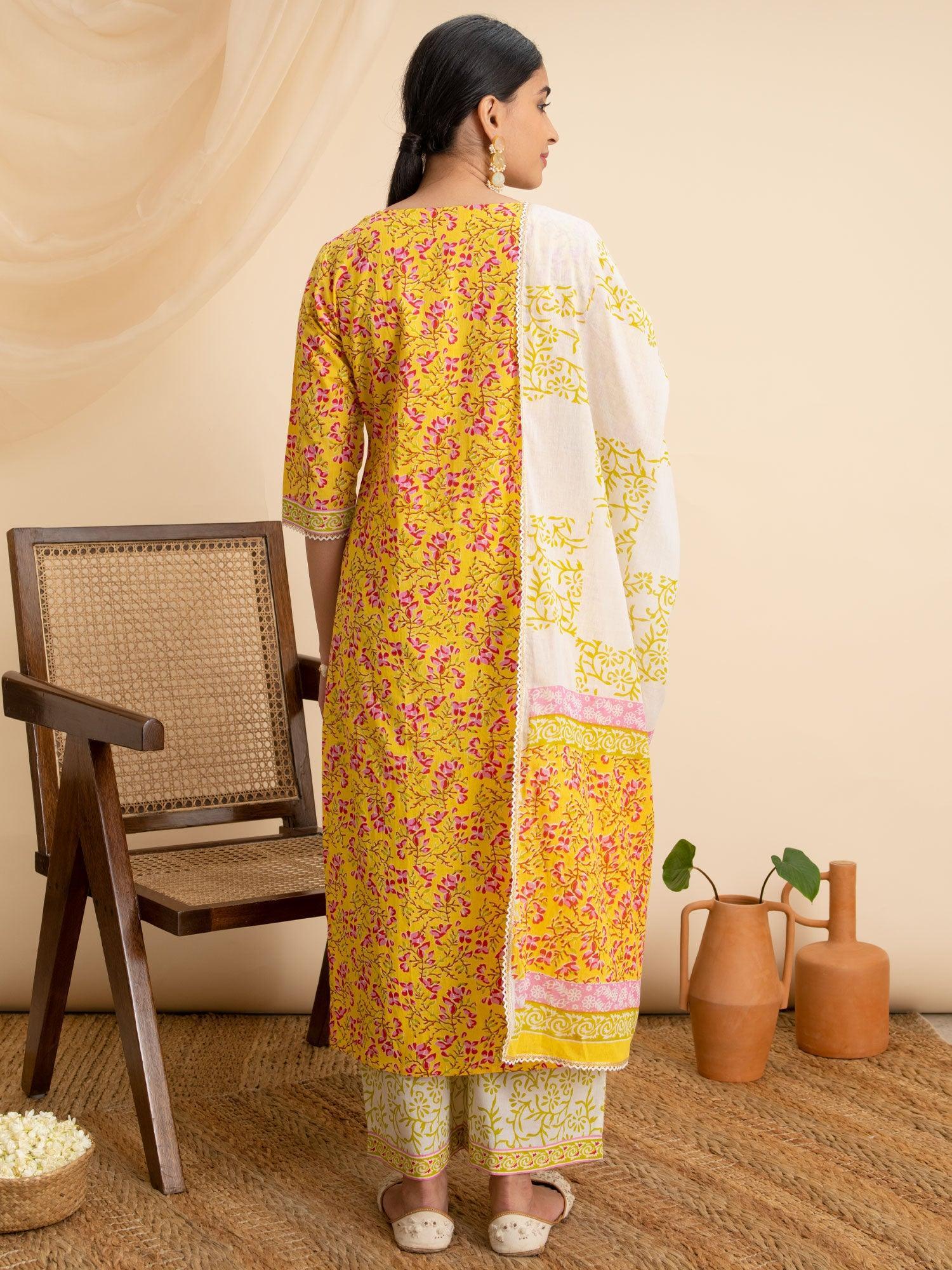 Yellow Printed Cotton Suit Set