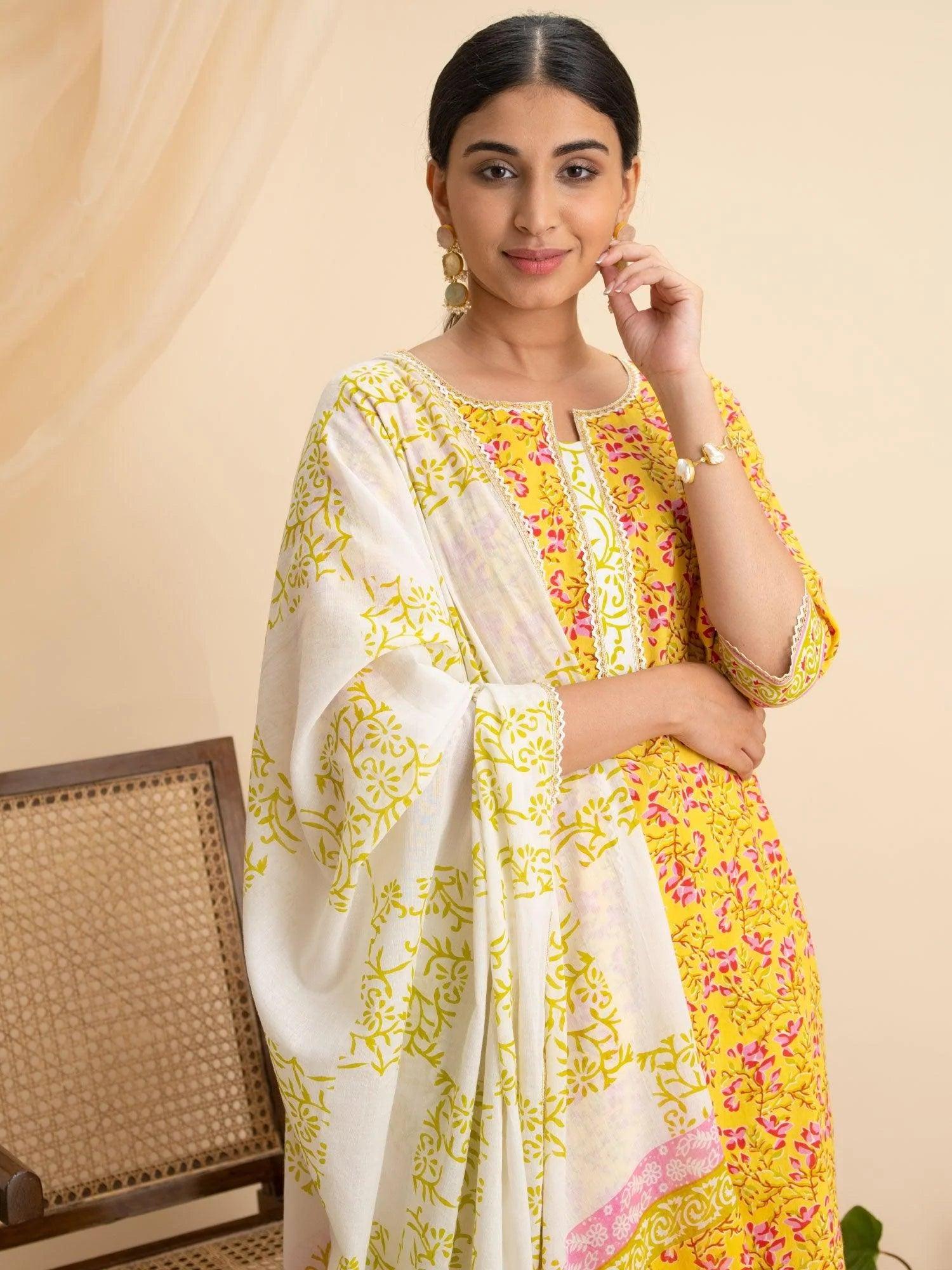 Yellow Printed Cotton Suit Set