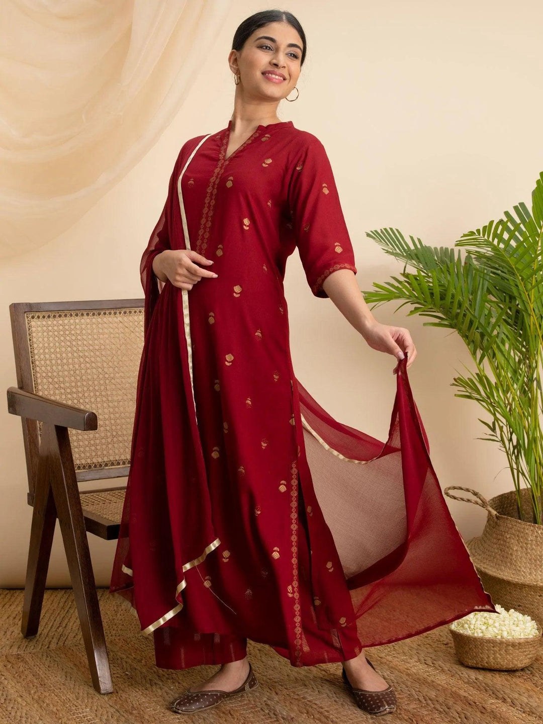 Maroon Printed Rayon Suit Set - ShopLibas