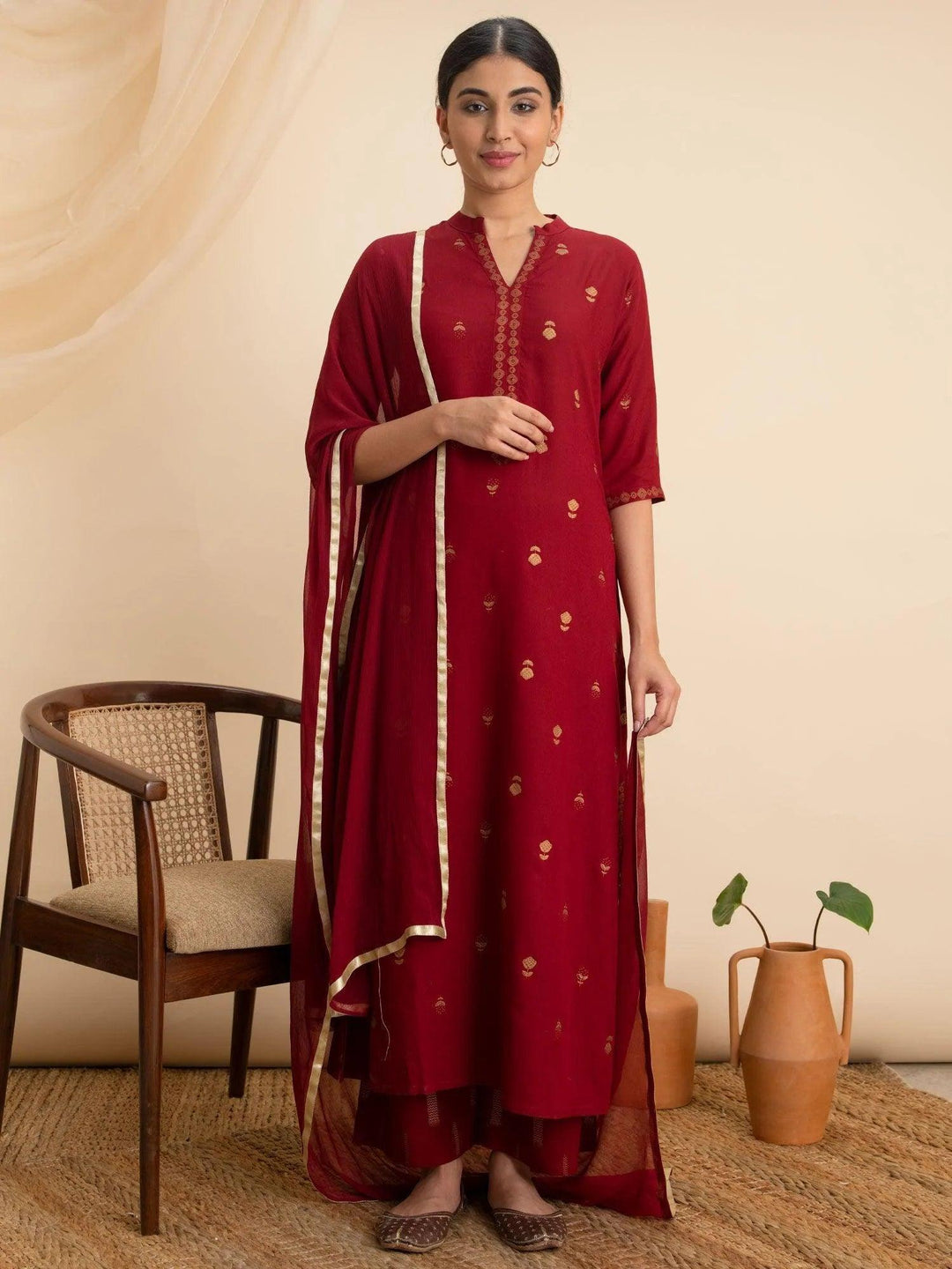 Maroon Printed Rayon Suit Set - ShopLibas