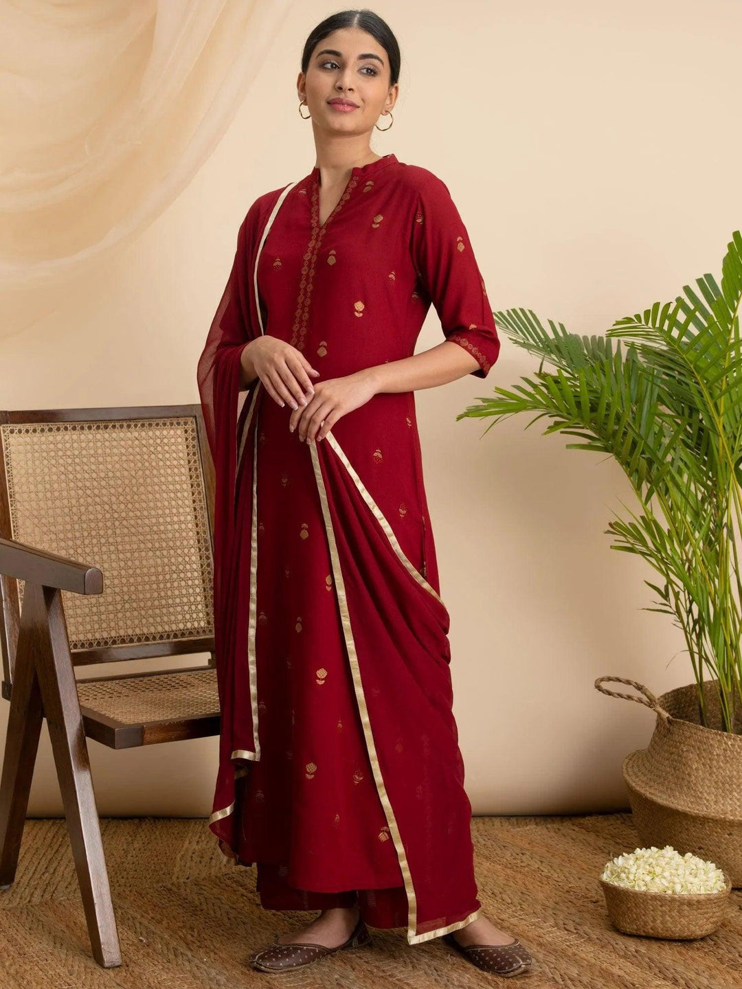 Maroon Printed Rayon Suit Set - ShopLibas