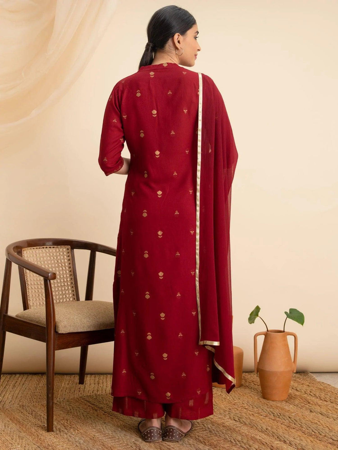 Maroon Printed Rayon Suit Set - ShopLibas